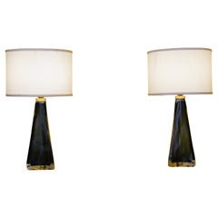Pair of Ocean Blue Triangular Frosted Orrefors Lamps, Sweden, 1960