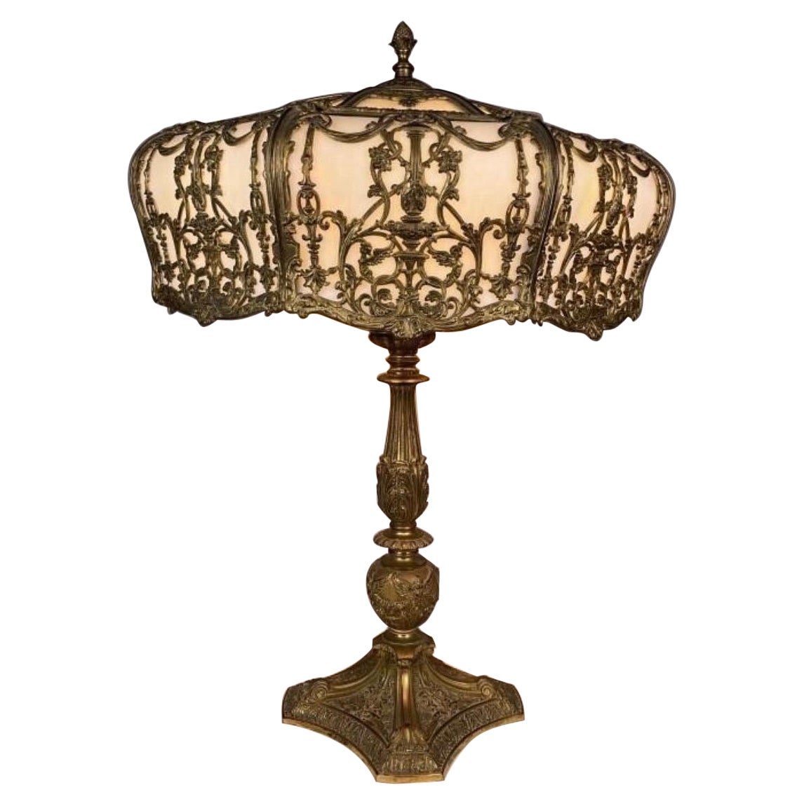 Large Gilt Bronze Neo Classical Bent Glass Lamp For Sale