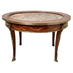 Oval Mahogany Inlaid and Marble Top Cocktail Table