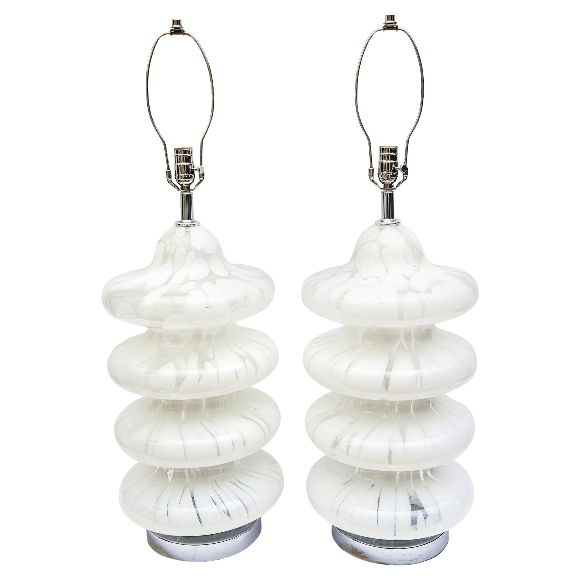 Carlo Nason for Mazzega Murano Vintage White Mottled Tiered Glass Lamps Pair