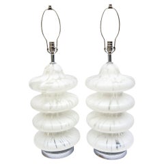 Vintage Carlo Nason for Mazzega Murano White Mottled Tiered Glass Lamps Pair Of