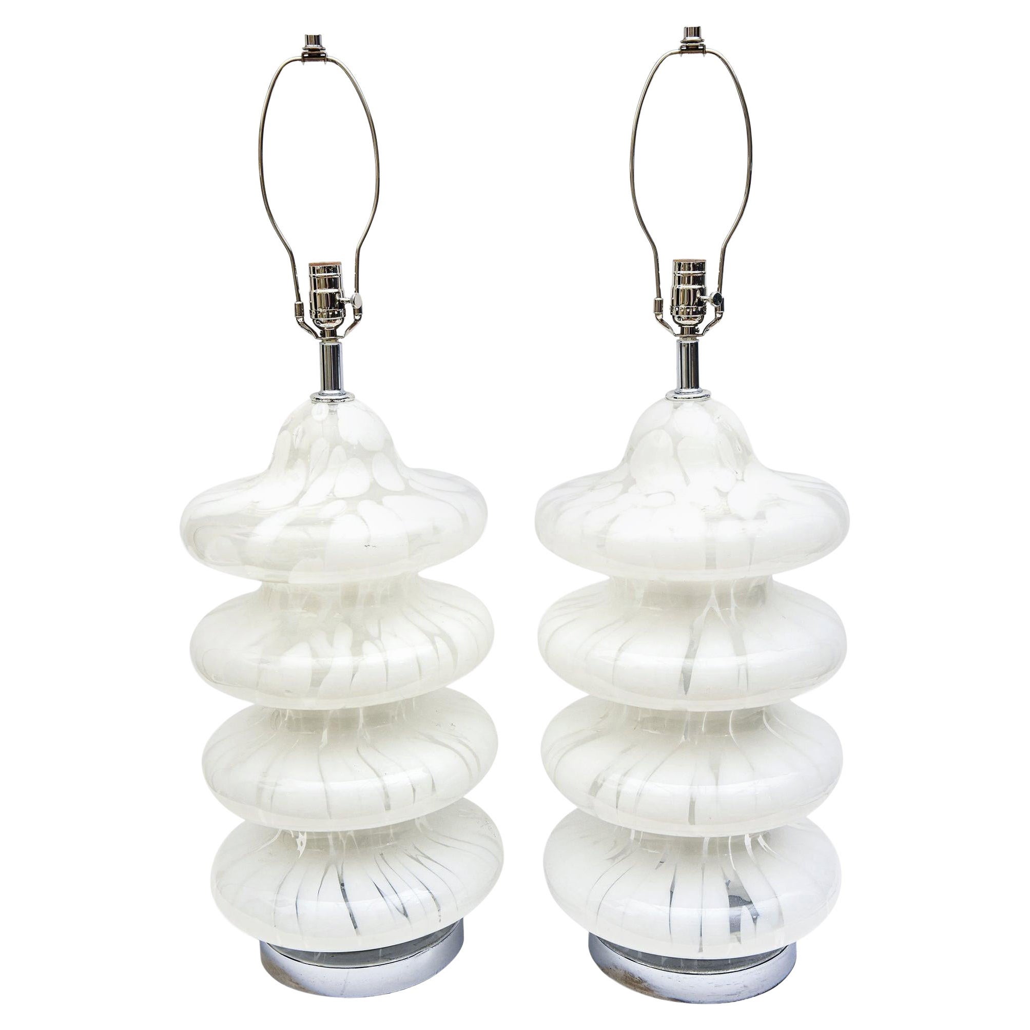 Carlo Nason for Mazzega Vintage Murano White Tiered Pagoda Glass Lamps Pair Of