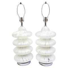 Carlo Nason for Mazzega Murano White Mottled Tiered Pagoda Glass Lamps Vintage