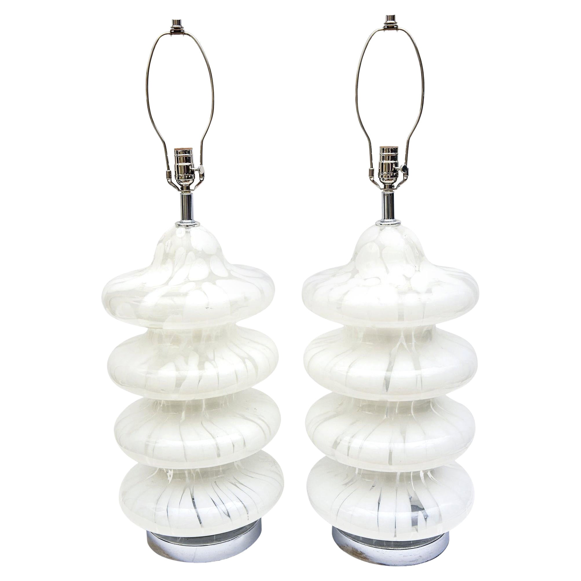 Vintage Carlo Nason for Mazzega Murano White Tiered Pagoda Glass Lamps Pair Of For Sale