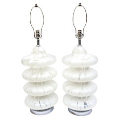 Retro Carlo Nason for Mazzega Murano White Tiered Pagoda Glass Lamps Pair Of