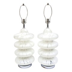 Vintage Carlo Nason for Mazzega Murano White 4 Tiered Pagoda Glass Lamps Pair Of