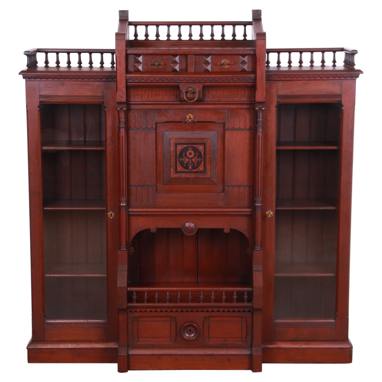 Antique Victorian Eastlake Carved Walnut Double Bookcase with Secretary Desk
