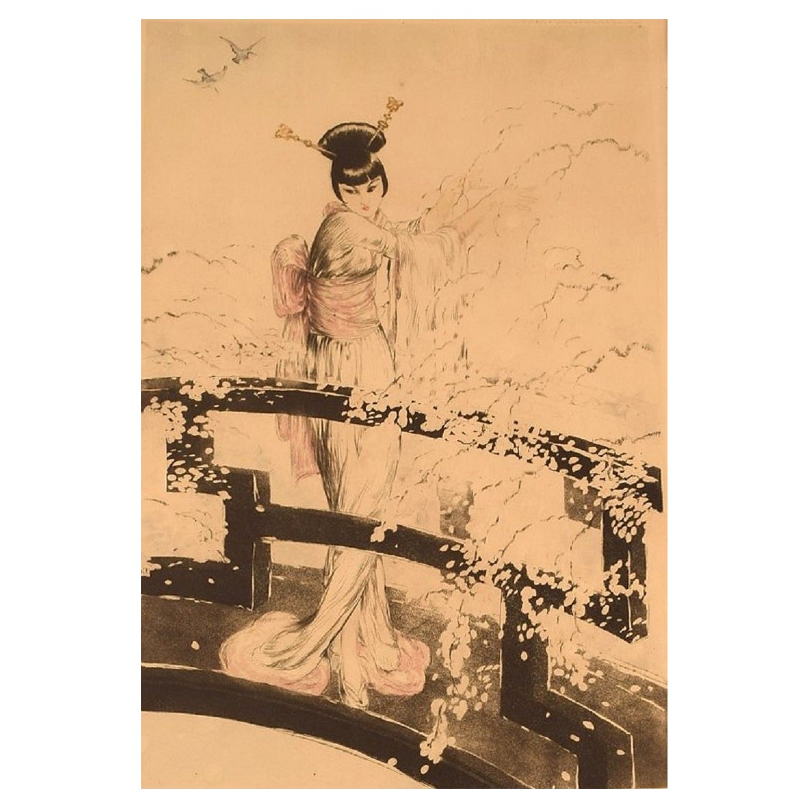 Louis Icart, Etching on Paper, "Madame Butterfly", Dated 1927 For Sale