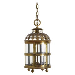 Antique Continental Reticulated Brass Dome Shaped 3-Light Lantern, Early 20th Century
