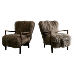 Danish Armchairs by Soren Hansen in Beech with Beige Sheepskin, 1940s