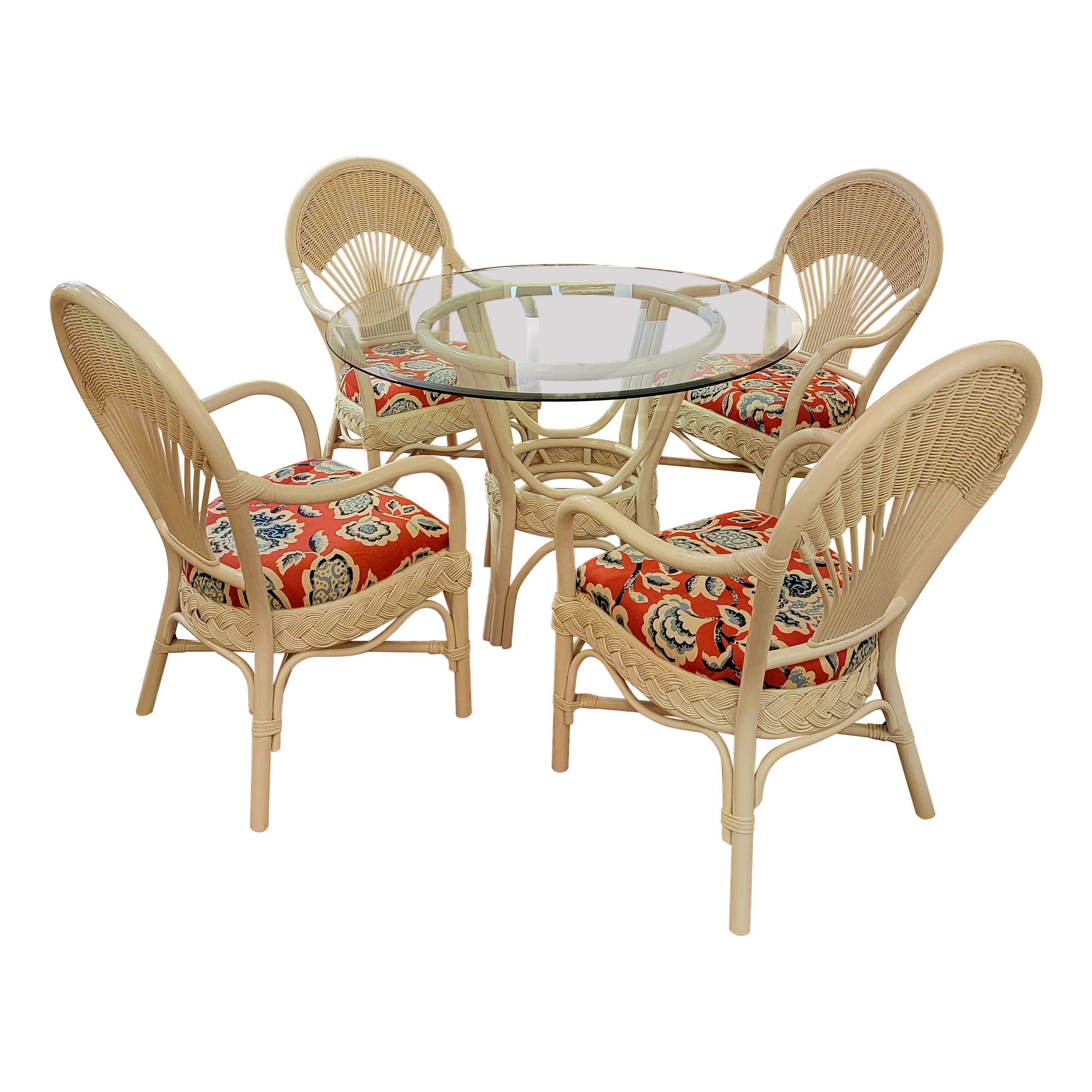 Sunny White Wicker Dining Table Set with Four Armchairs