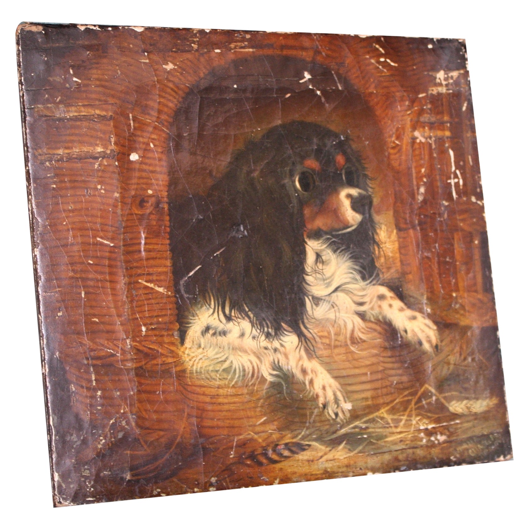 Huile sur toile du 19ème siècle - Portrait ancien de chien cavalier du roi Charles épagneul
