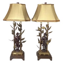 Pair of Patinated Bronze Hollywood Regency Chinoiseries Table Lamps