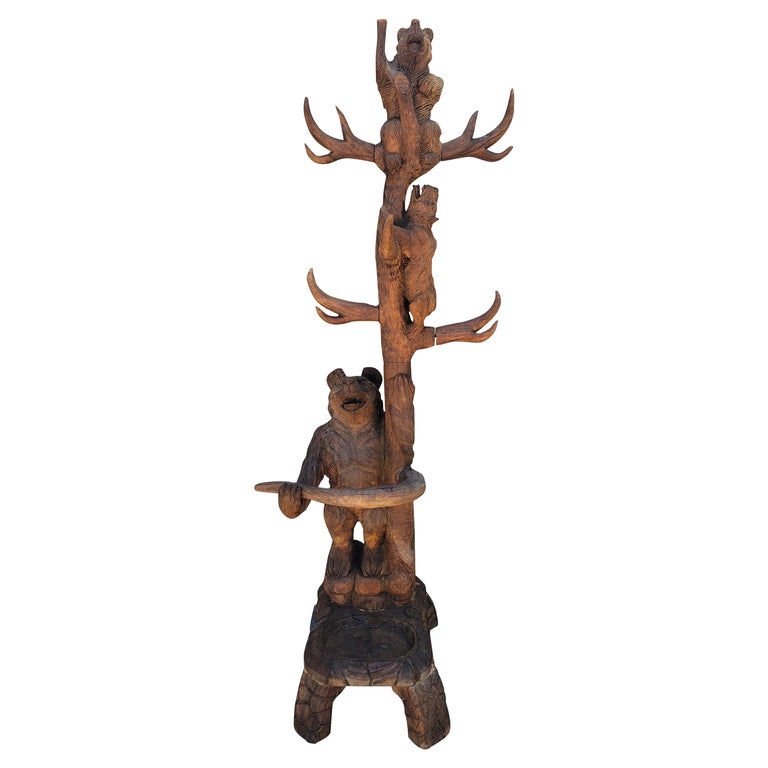 Hand Carved Rustic Hat and Coat Tree with Hand Carved Bears For Sale