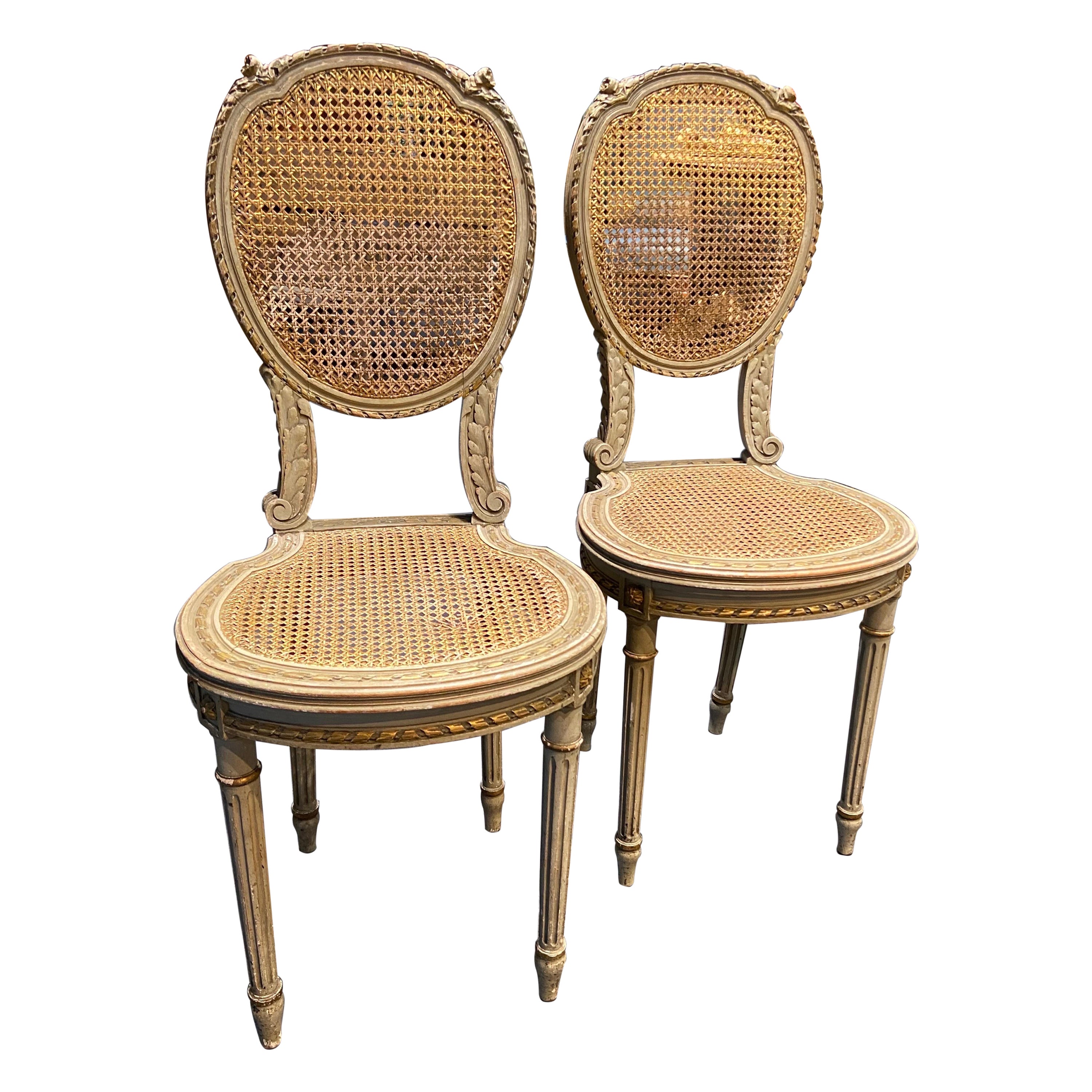 19th Century French Pair of Hand Carved Cane Chairs in Louis XVI Style