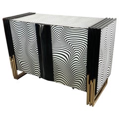 Midcentury Style Black & White Murano Glass and Brass Cabinet or Credenza 