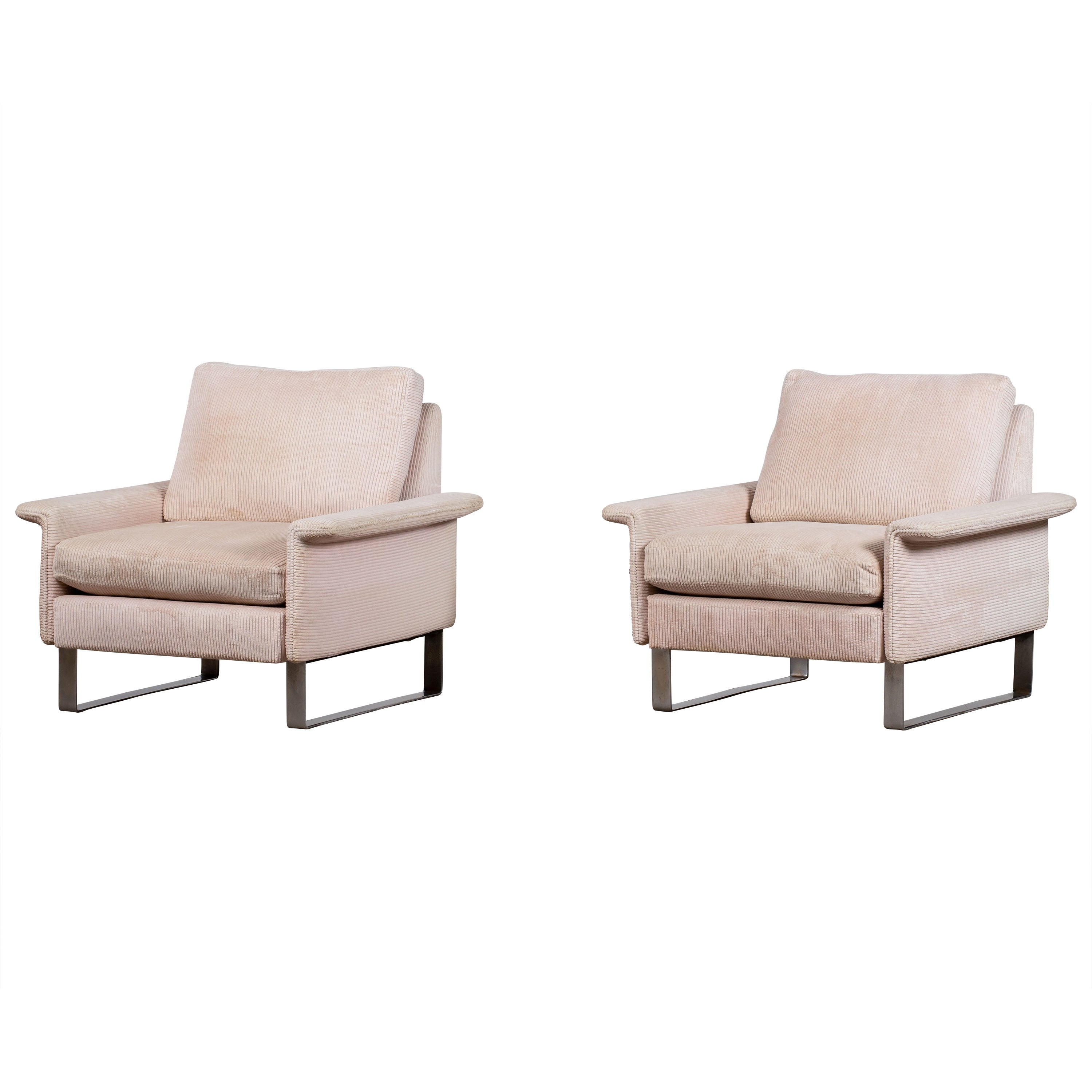 Chrome and Velvet Club Lounge Chairs in Style of Milo Baughman For Sale