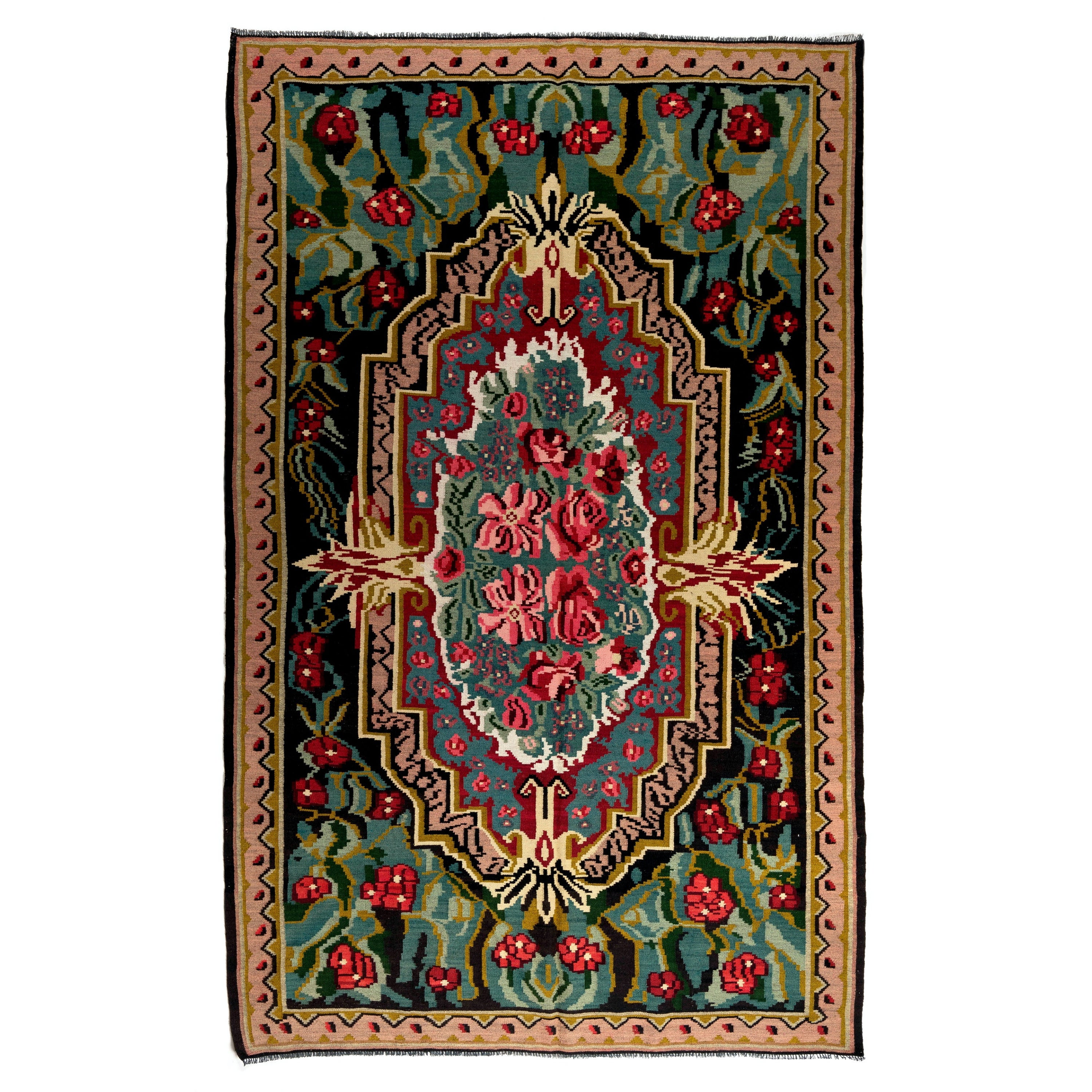 6x9.4 Ft Vintage Bessarabian Kilim, Floral Handwoven Wool Rug from