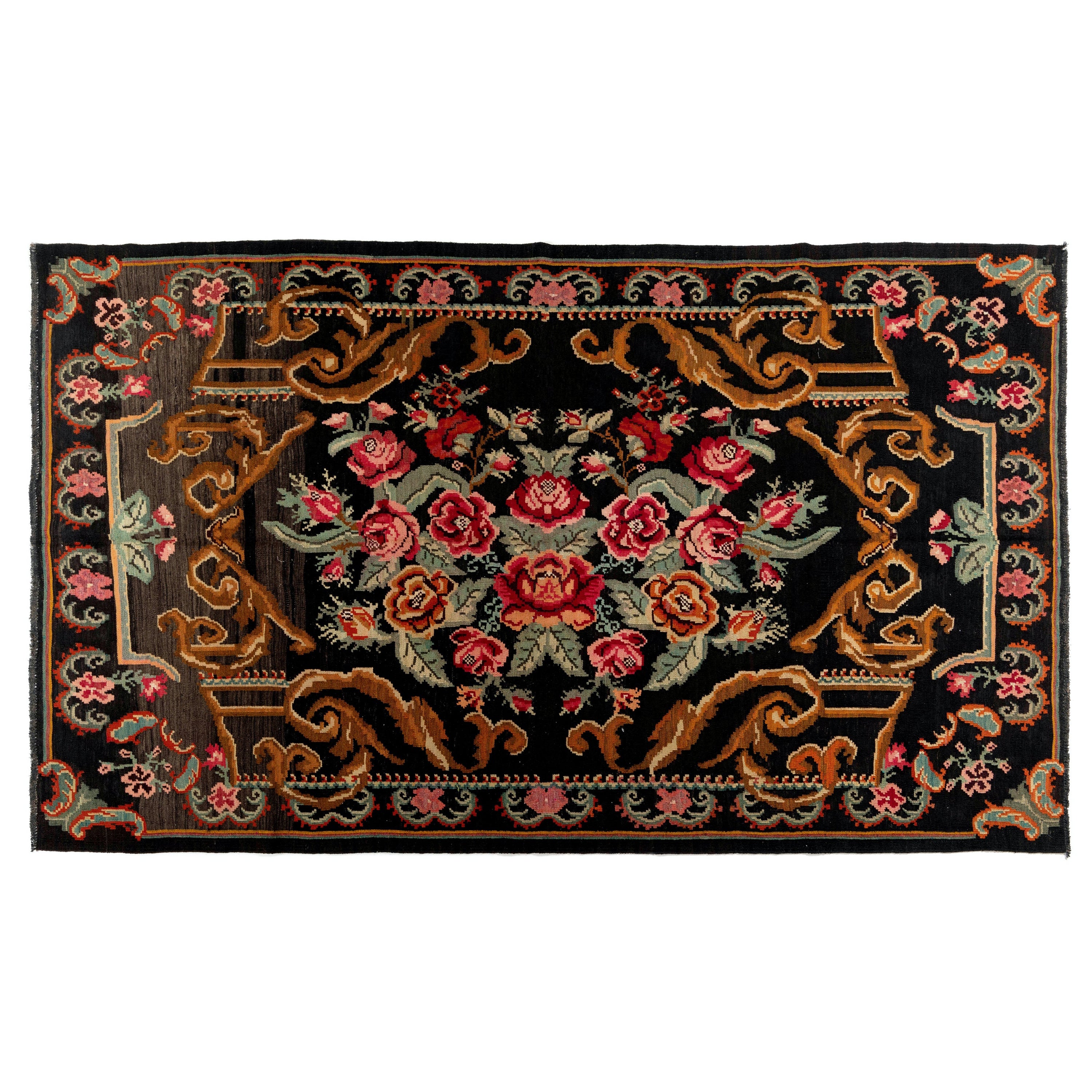 5.7x9.4 Ft Vintage Bessarabian Kilim, Handgewebter Teppich. Floraler Wandteppich. 100% Wolle im Angebot