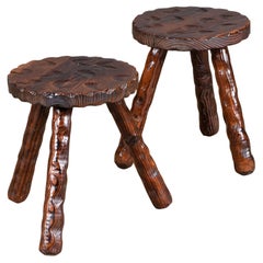 French Brutalist Handcarved Tripod Stool, a Pair