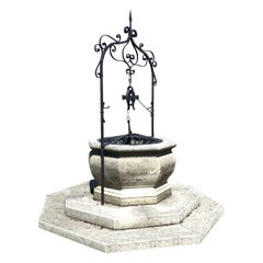 Antique Italian Renaissance Style Wrought Iron Wishing Stone Well Head and Base