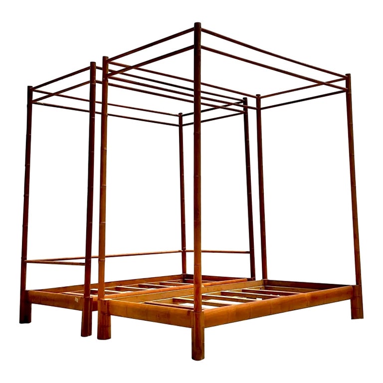 Vintage Coastal Linda Garland Carved Bamboo Teak Twin Canopy Beds, a
