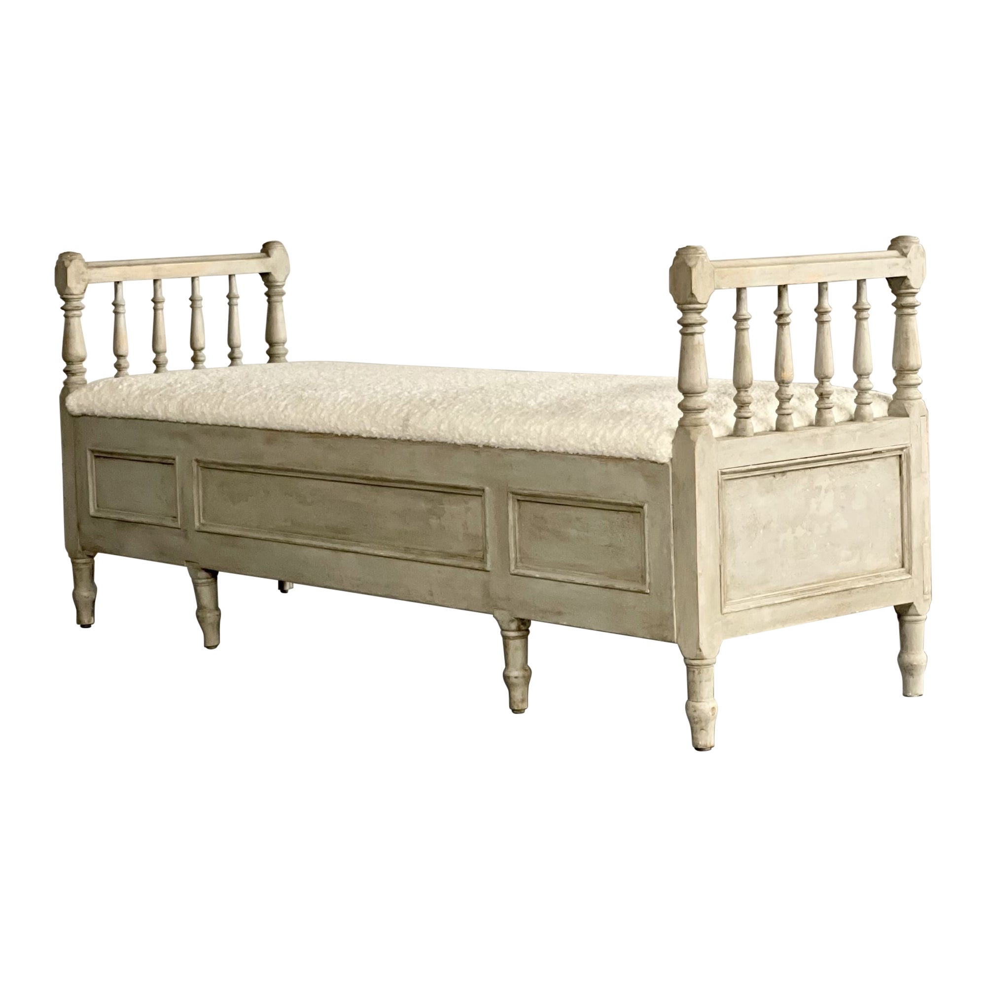 Gustavian Paint Decorated Storage Bench, New Wool Shearling, Sweden, 19th C. For Sale