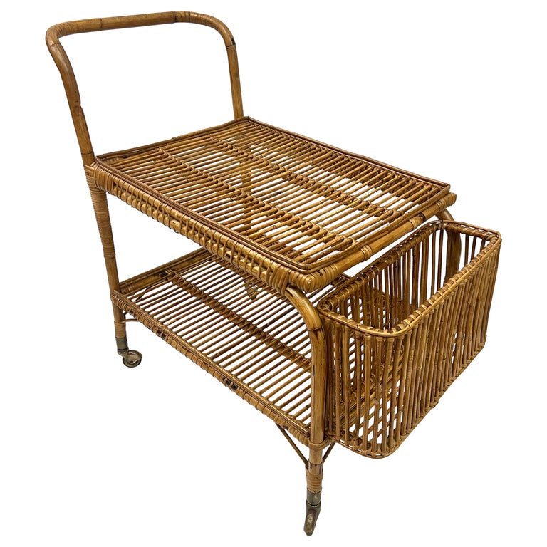 Italian Mid-Century Modern Bamboo and Rattan Bar / Serving Cart by Franco Albini For Sale