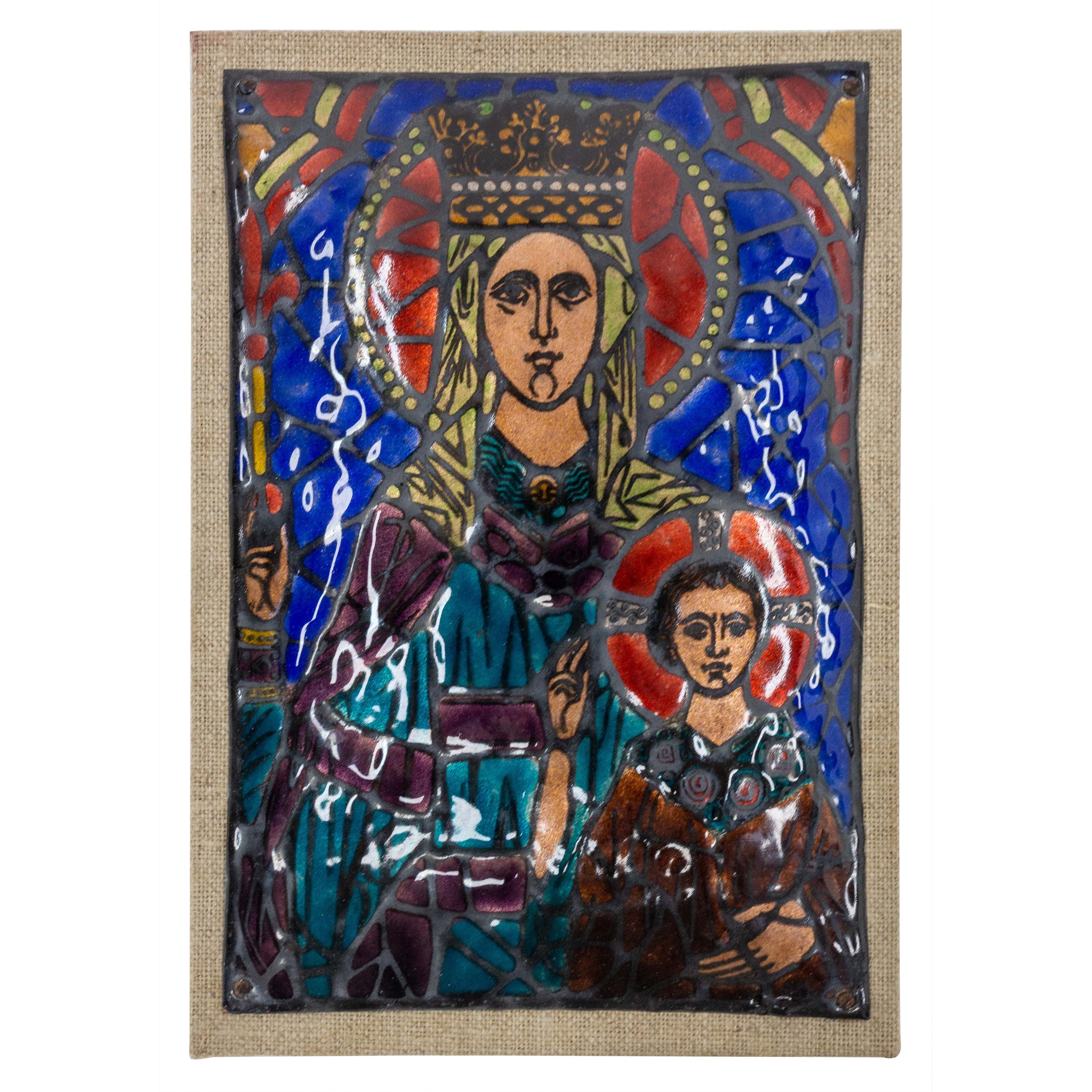 Plaque émaillée du milieu du siècle Virgin to the Child, France, datant d'environ 1960 en vente