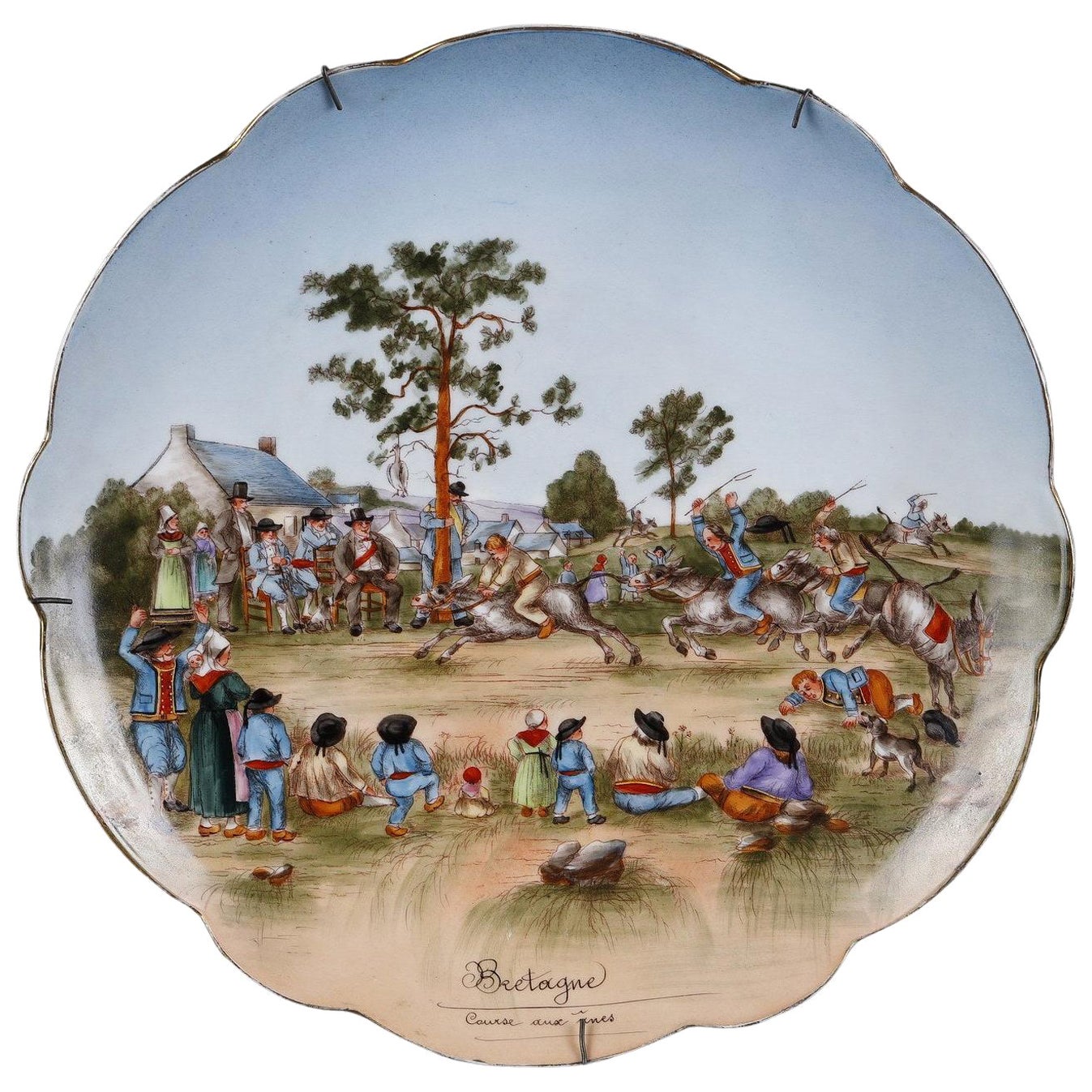 Plato de porcelana de Limoges "La carrera de burros", firmado F. Mérigot, Francia, circa 1890