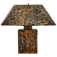Vintage Italian Mid-Century Brutalist Hand Hammered Copper Lamp and Shade, Italy, 1970s
