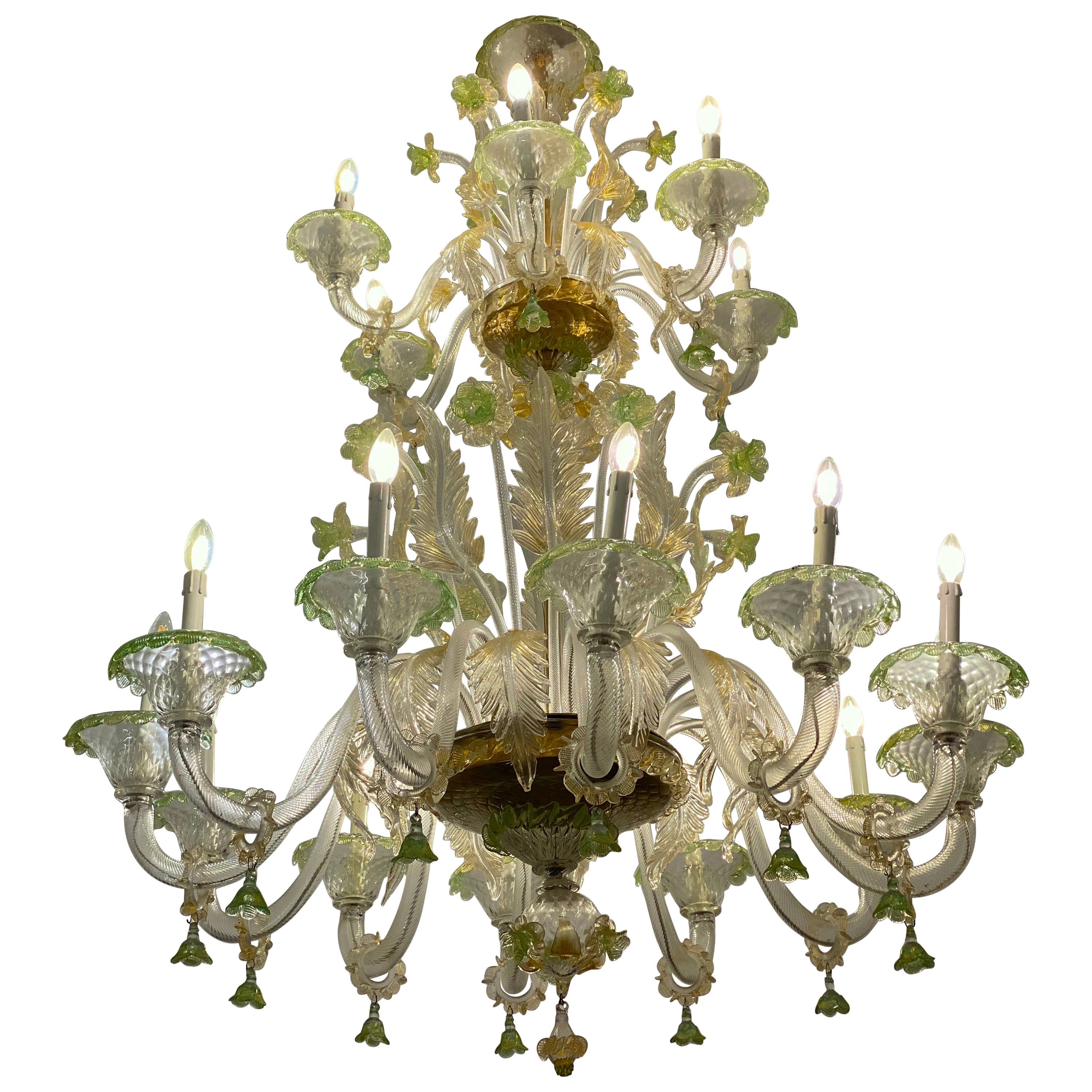Magnificent Green and Gold Murano Glass Chandeliers  For Sale