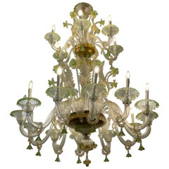 Retro Magnificent Green and Gold Murano Glass Chandeliers 