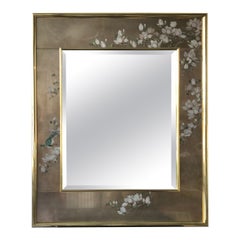 Retro 1990 LaBarge Brown Eglomise Hand Painted Floral Mirror