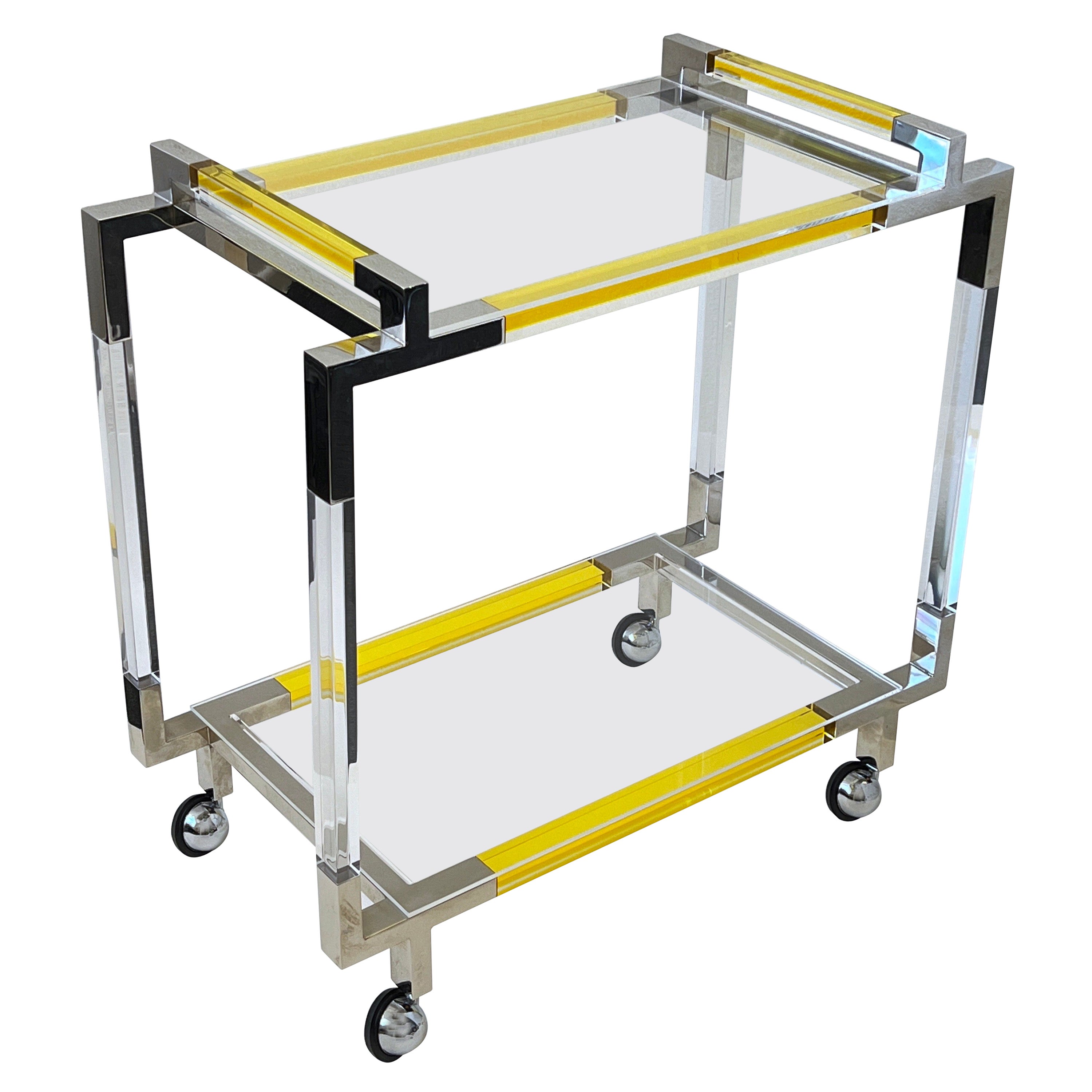 Yellow Lucite and Chrome Bar Cart by Charles Hollis Jones 