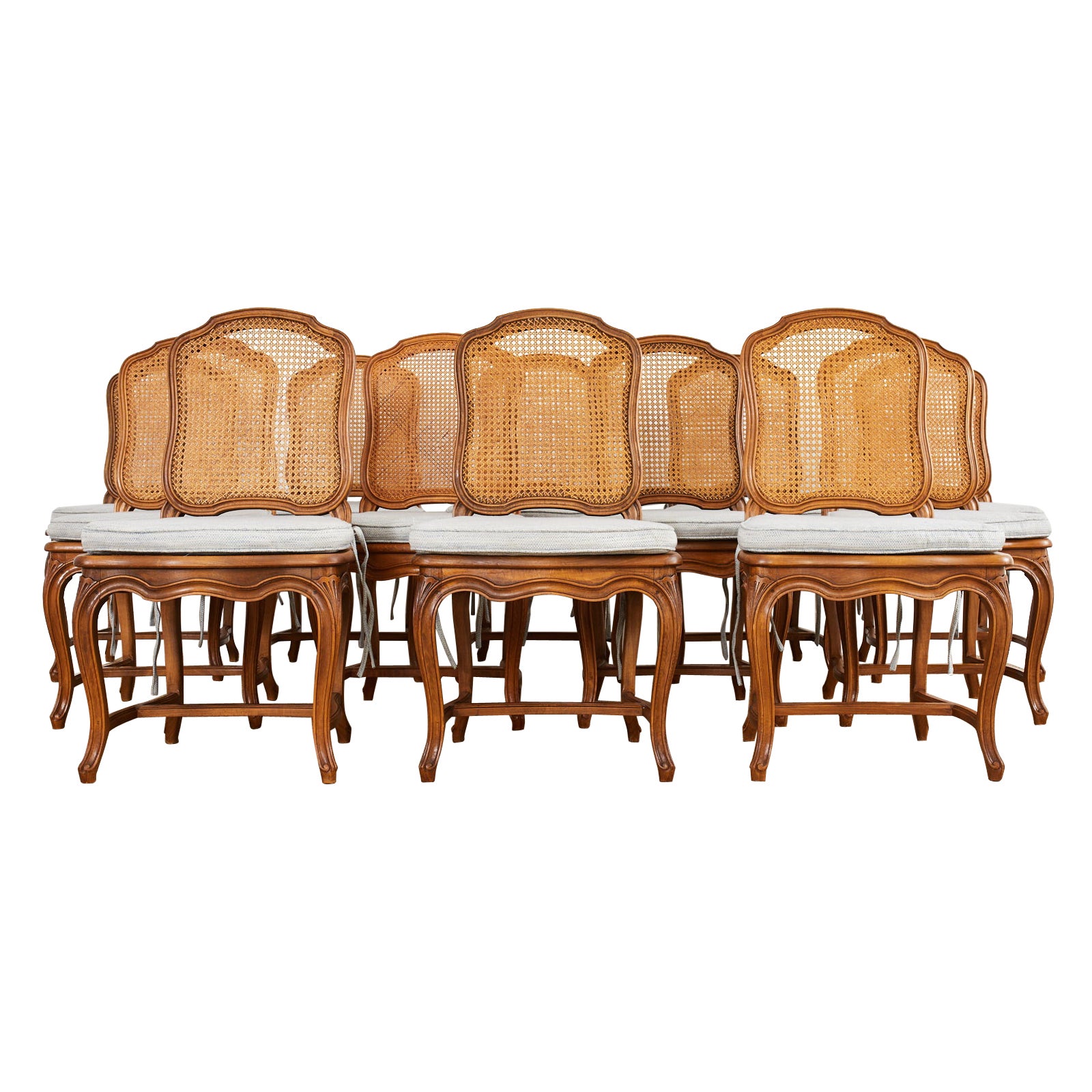 Set of Twelve Country French Provincial Fruitwood Caned Dining Chairs 
