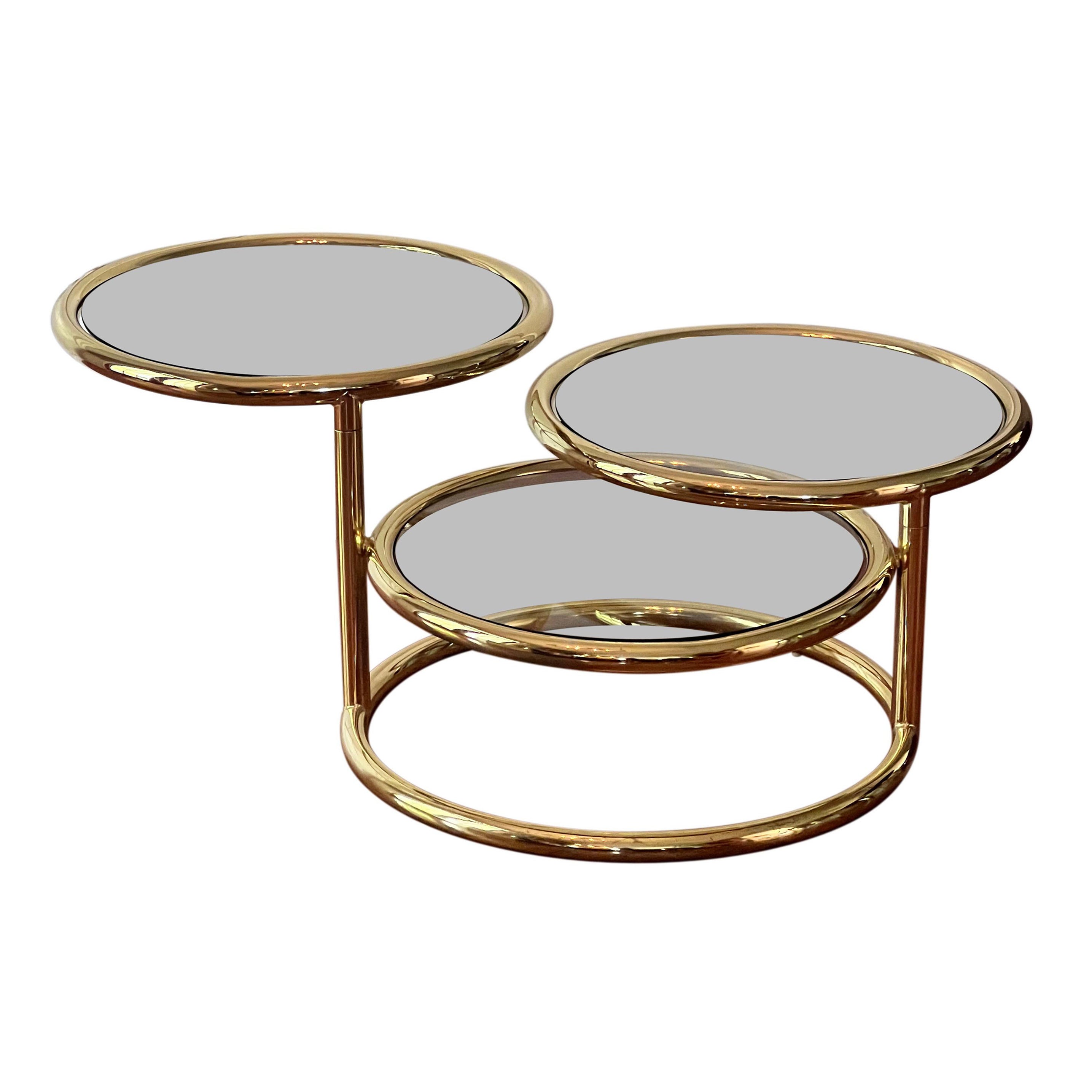 Vintage Milo Baughman Style Three-Tier Brass Swivel Coffee Table