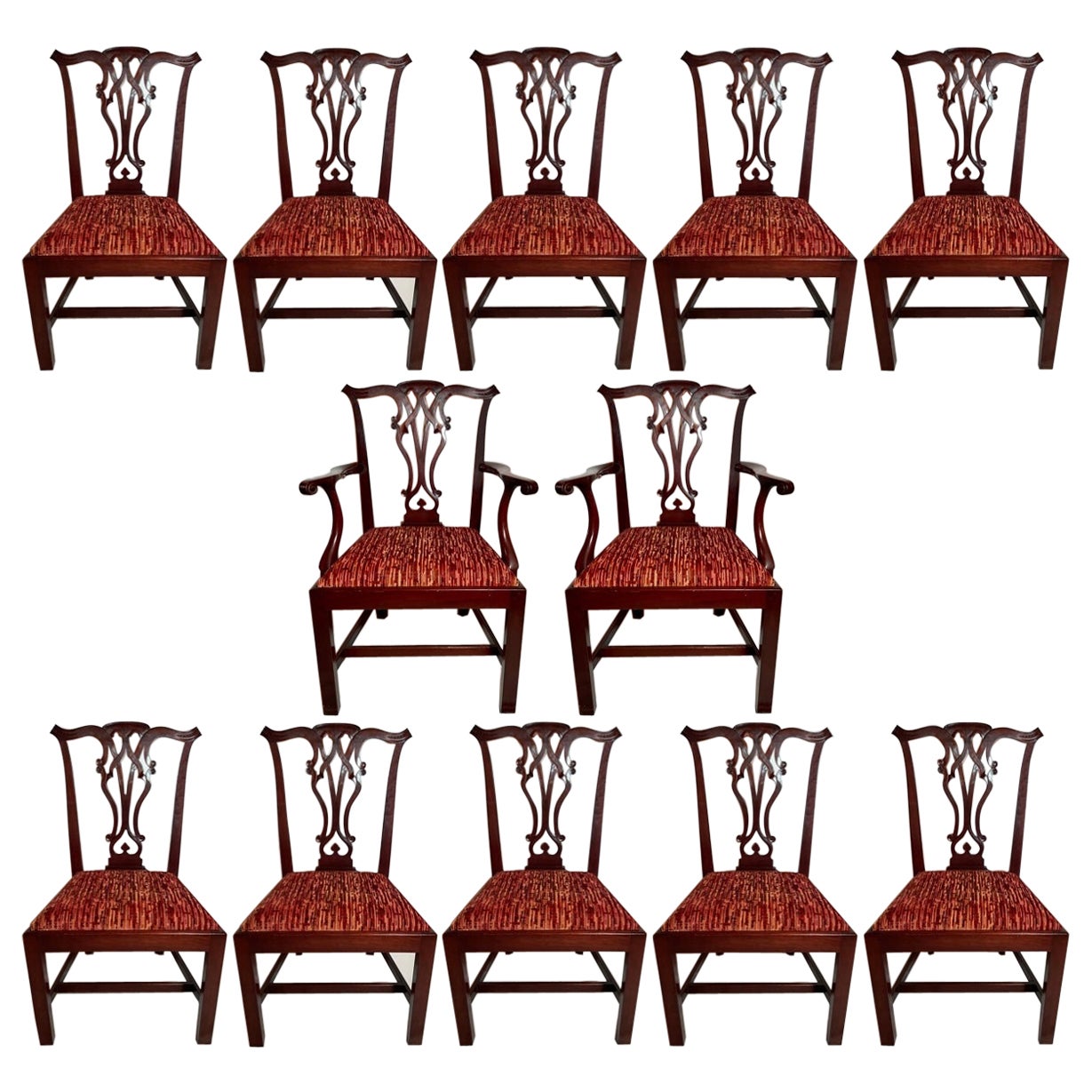 Set of 12 Antique English Mahogany Chippendale Chairs, Circa 1900. For Sale