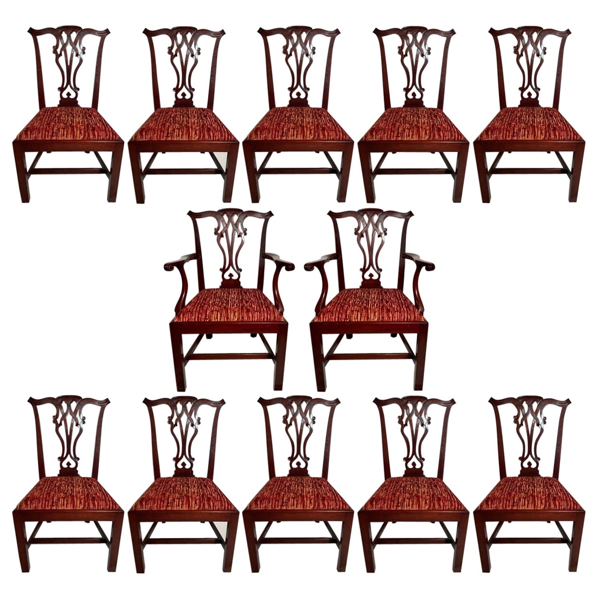 Set of 12 Antique English Mahogany Chippendale Chairs, Circa 1900.