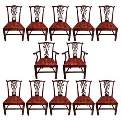 Set of 12 Antique English Mahogany Chippendale Chairs, Circa 1900.