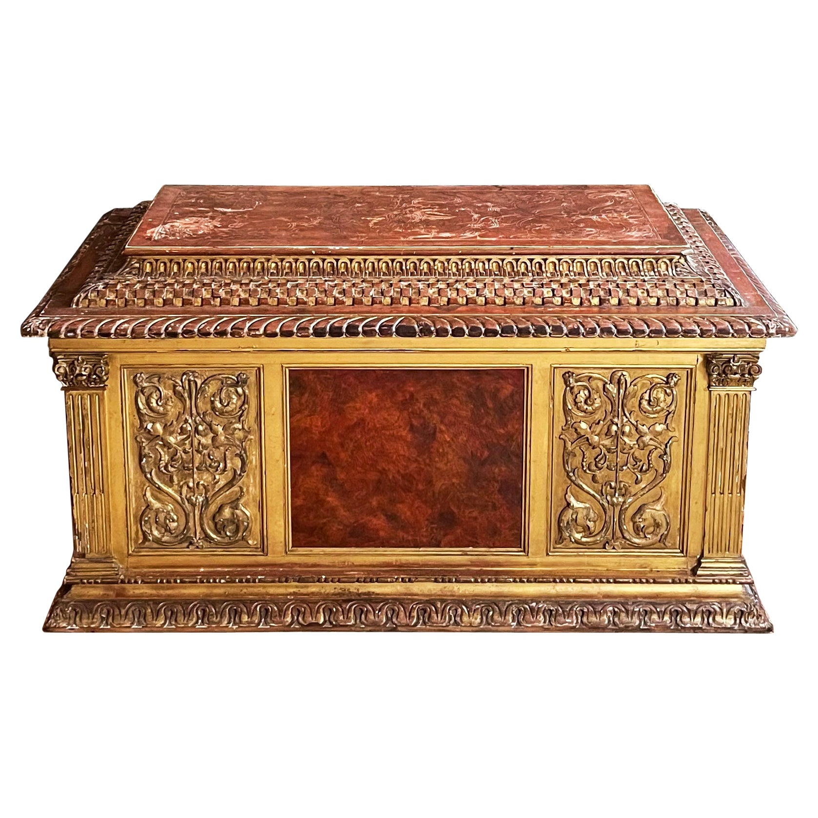 Renaissance Revival Parcel Gilt Cassone with Marbleized Leather Panels For Sale