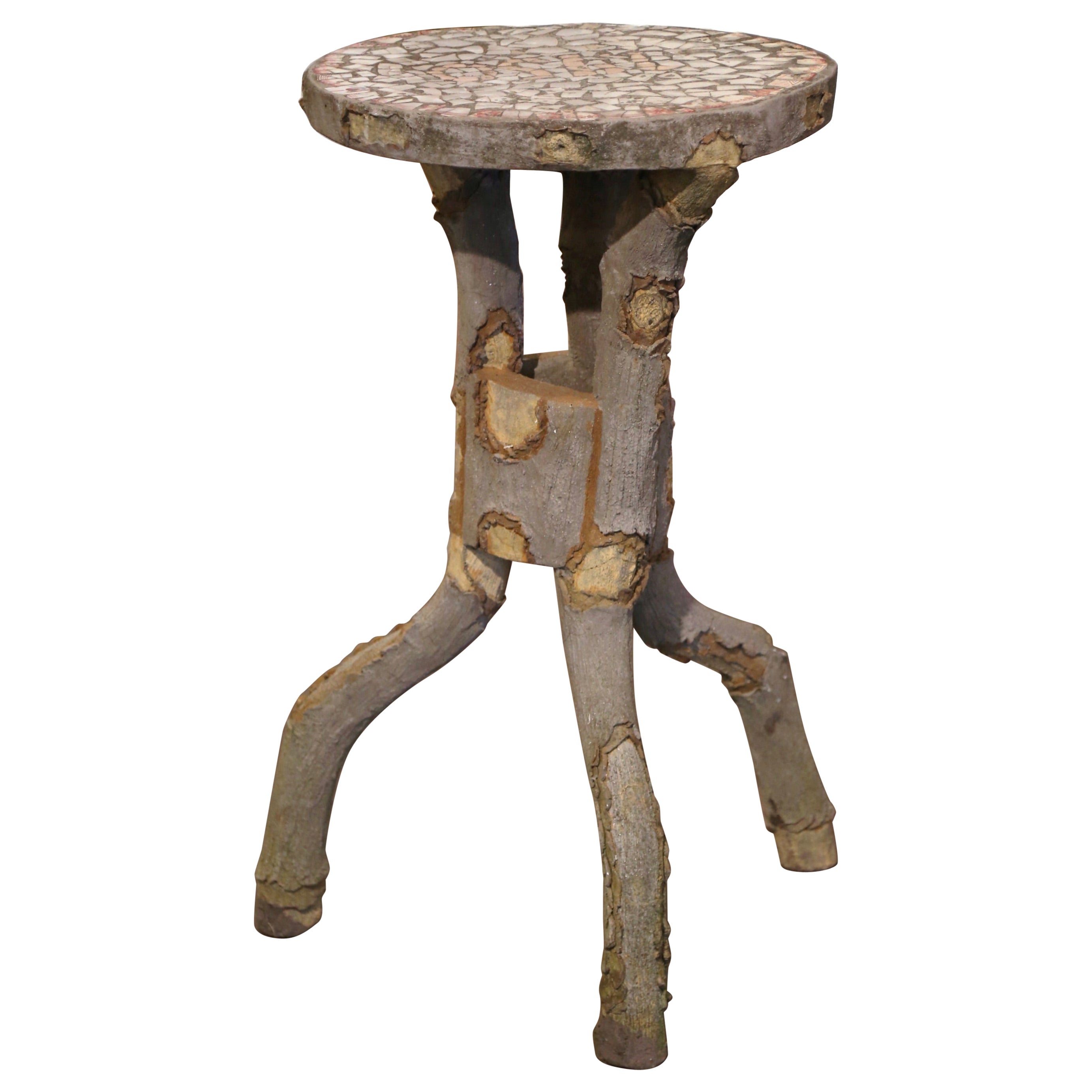 Mid-Century French Concrete and Mosaic Top Branch Form Outdoor Table Dated 1950 For Sale