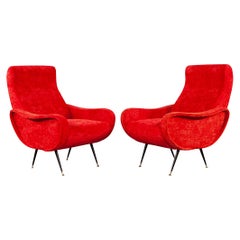 Pair of Vintage Red Velvet Italian Lounge Chairs in the Style of Zanuso