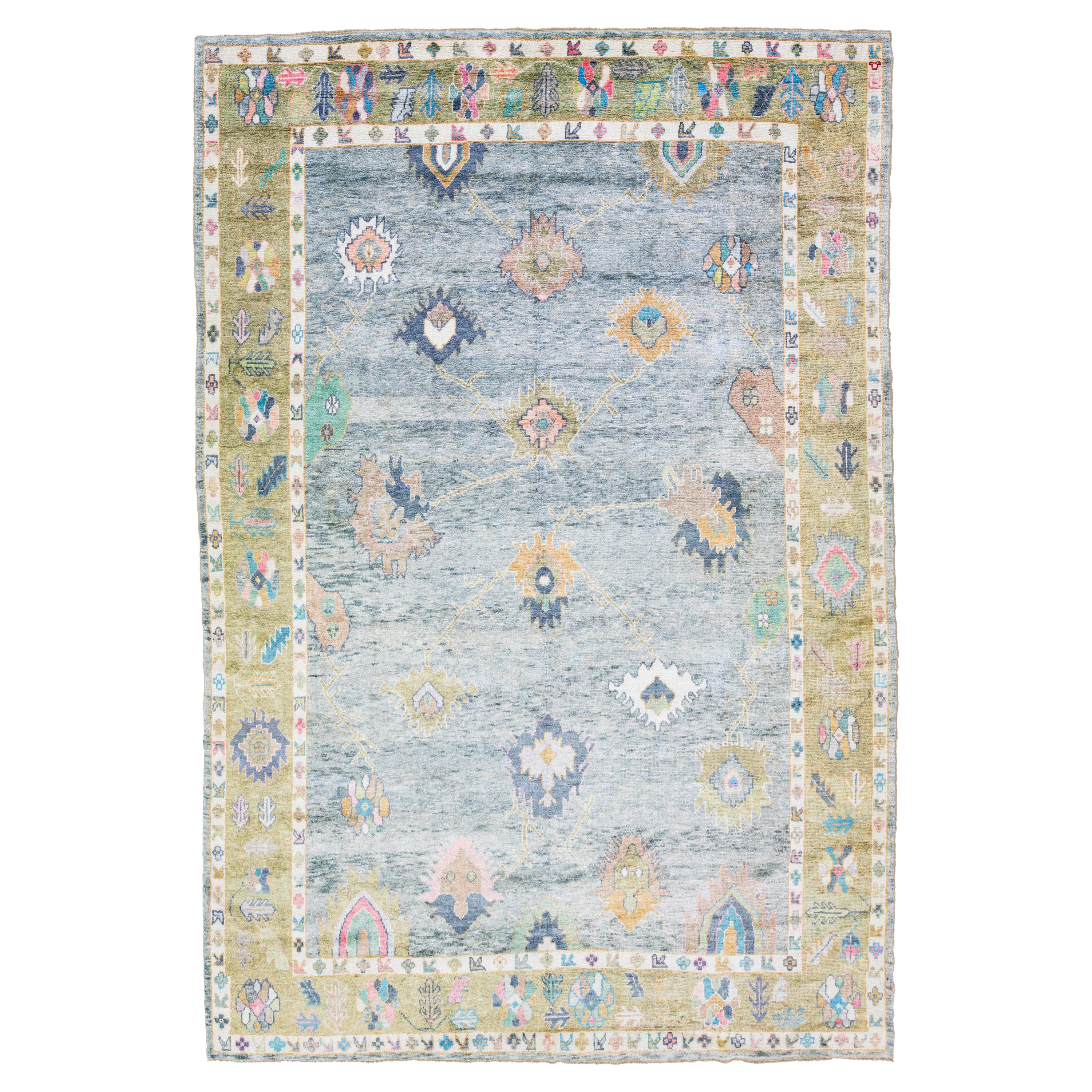 Modern Turkish Oushak Gray Handmade Wool Rug With Floral Motif For Sale