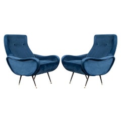 Pair of Retro Blue Velvet Italian Lounge Chairs