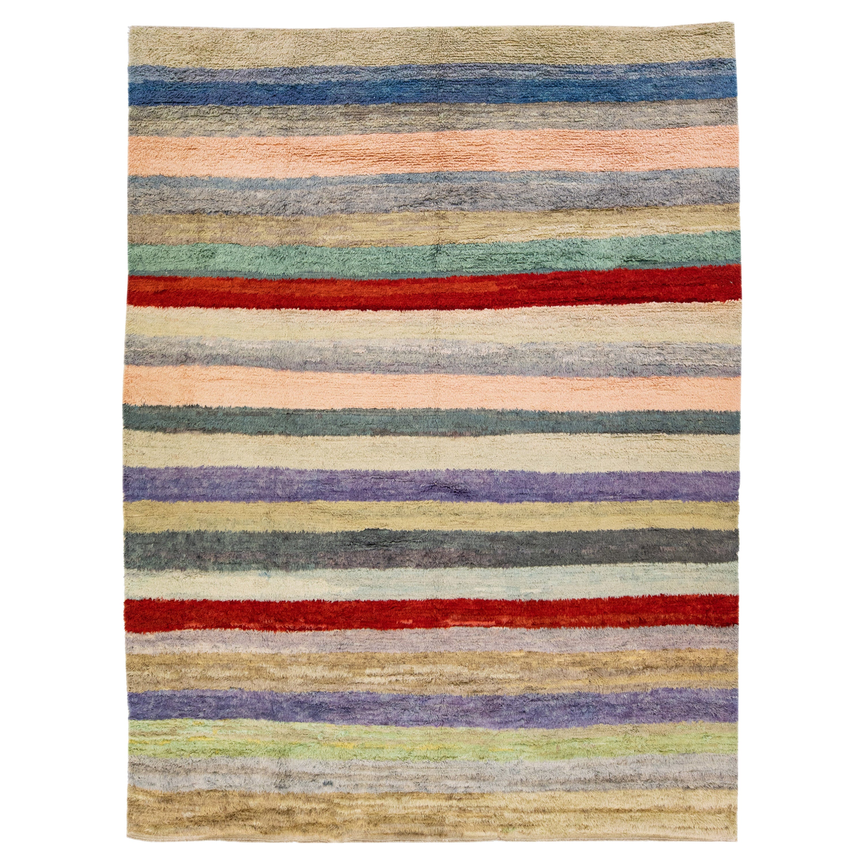 Alfombra de lana turca multicolor moderna Tulu hecha a mano con diseño de rayas