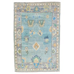 Modern Turkish Oushak Handmade Floral Aqua Blue Wool Rug