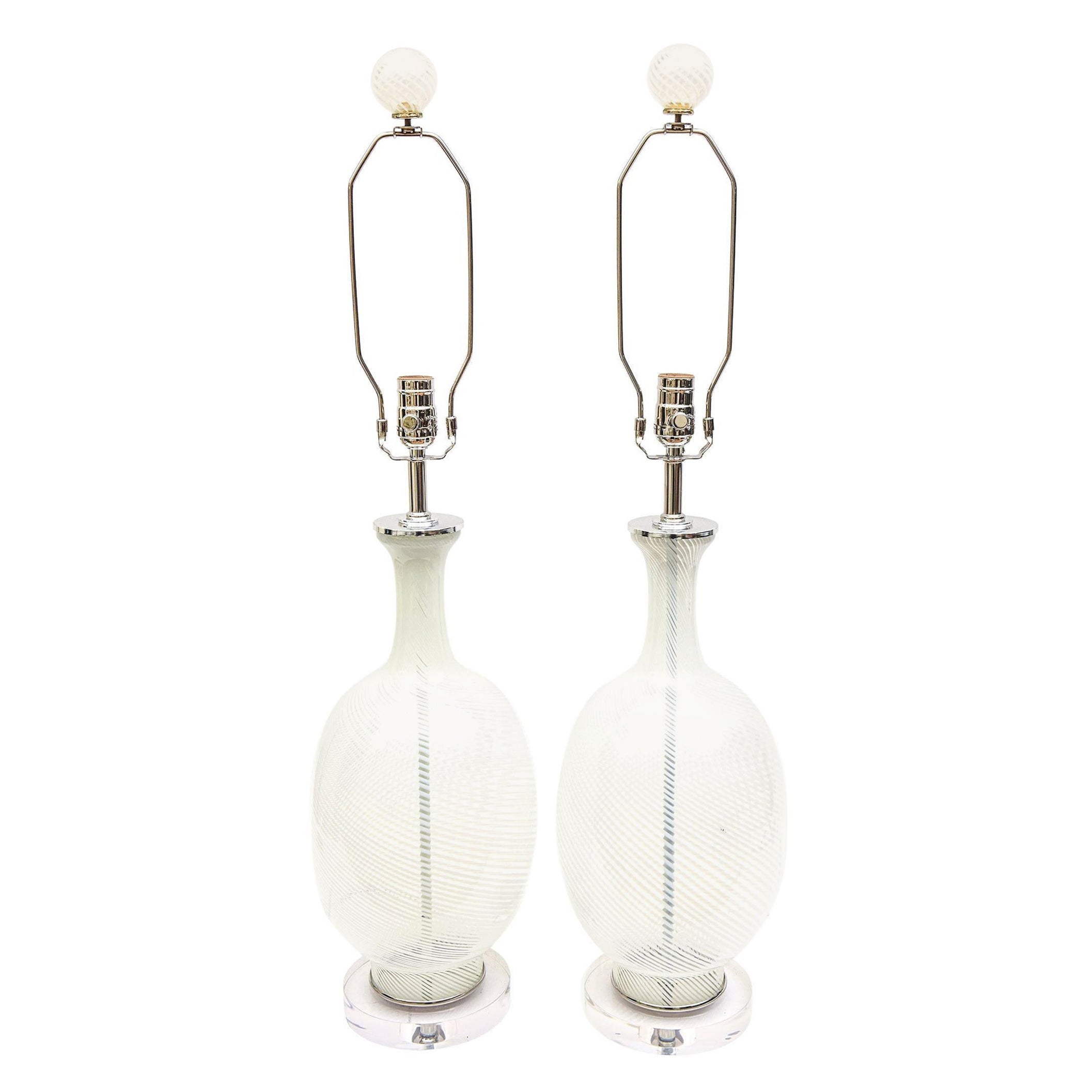Aureliano Toso Murano Vintage White Swirled Glass Lamps with Glass Finials Pair  For Sale