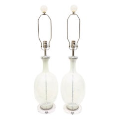Aureliano Toso Vintage Murano White Swirled Glass Lamps with Glass Finials Pair 