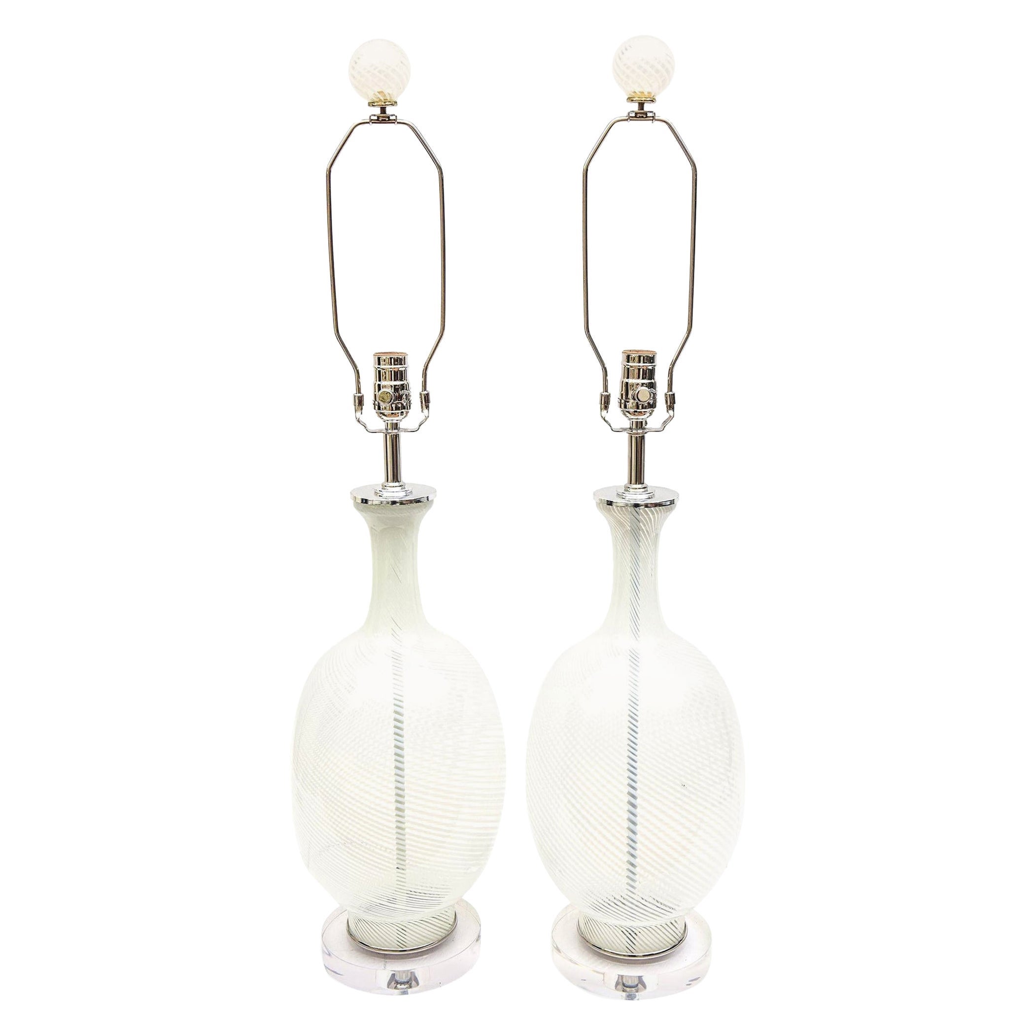 Aureliano Toso Vintage Murano White Swirled Glass Lamps with Glass Finials Pair
